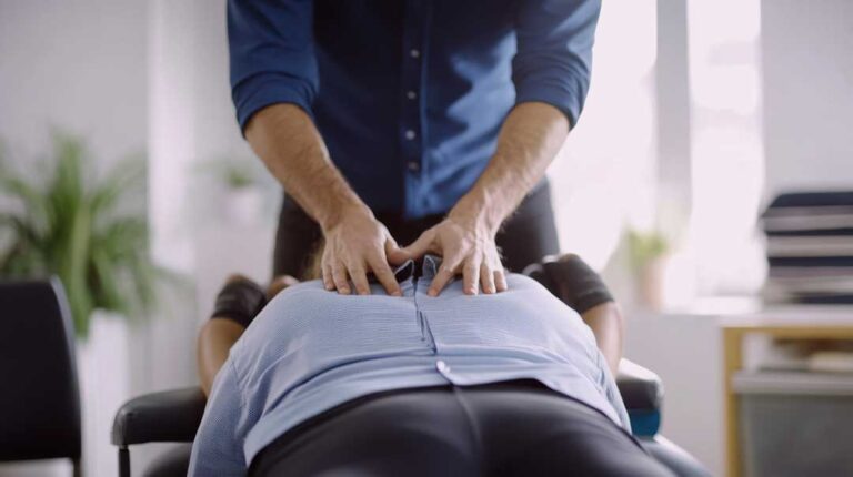 Person comparing tingling hands while seated beside a desk, with a simple anatomical nerve illustration nearby.